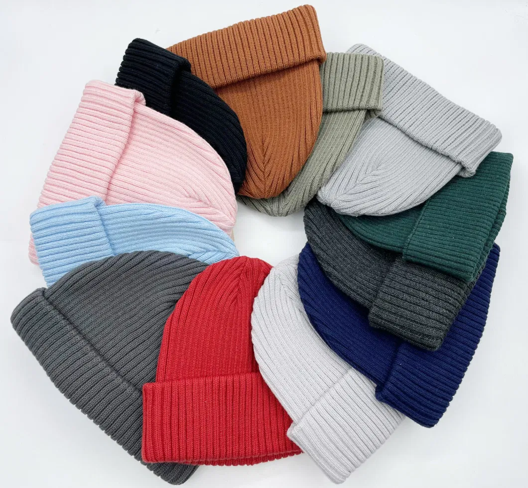 Plain Color Cotton Unisex Winter Knitted Beanie Hats